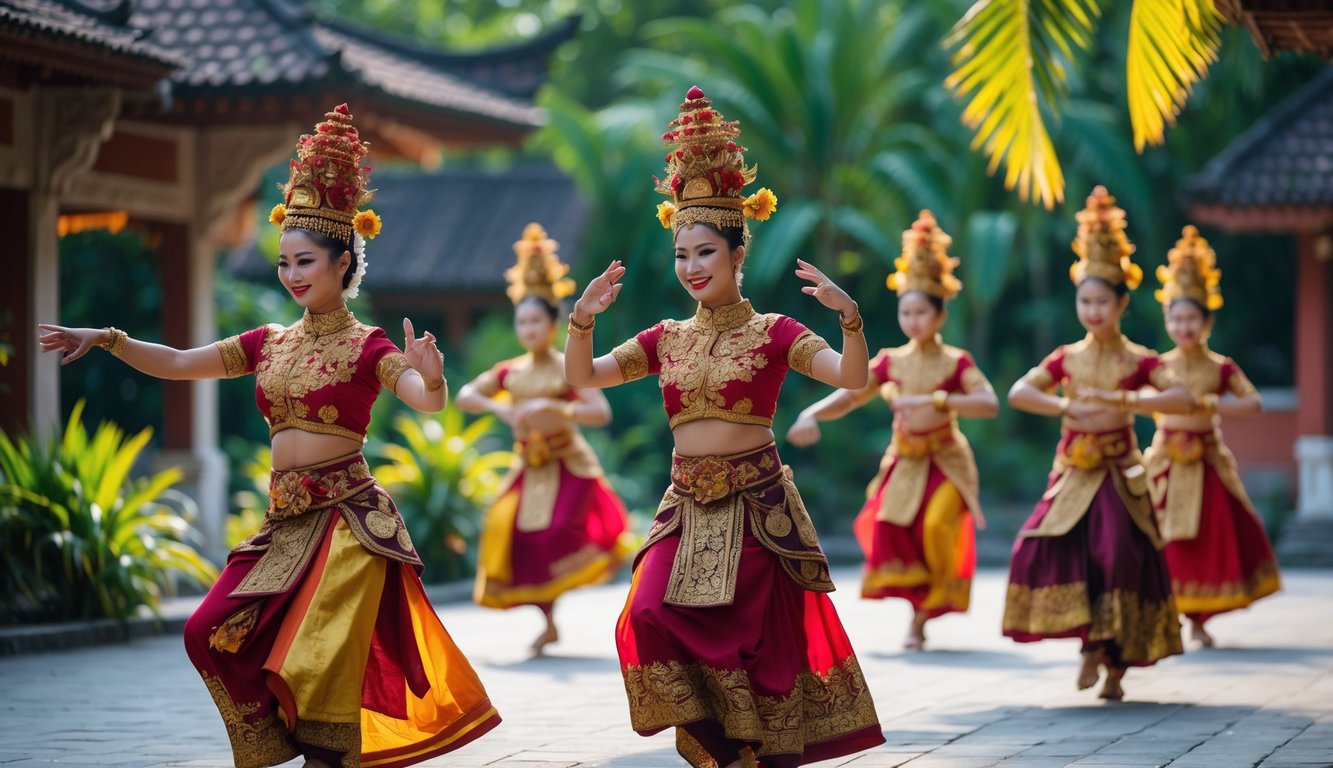 Penari tradisional Indonesia mengenakan kostum warna-warni sedang menari di luar ruangan dengan latar belakang tanaman tropis dan bangunan tradisional.