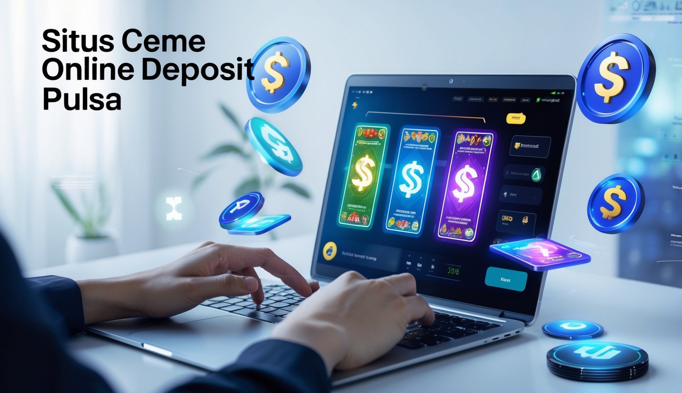 Seseorang menggunakan ponsel untuk bermain permainan kartu online dengan simbol transaksi digital di sekitar perangkat.