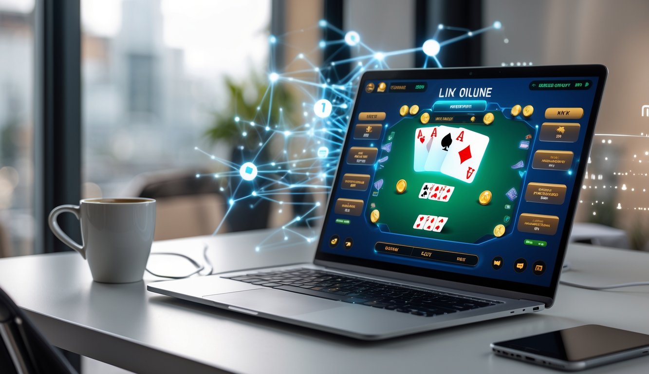 Seorang pengguna sedang bermain kartu online di laptop di atas meja kerja yang rapi dengan latar belakang ikon jaringan digital.