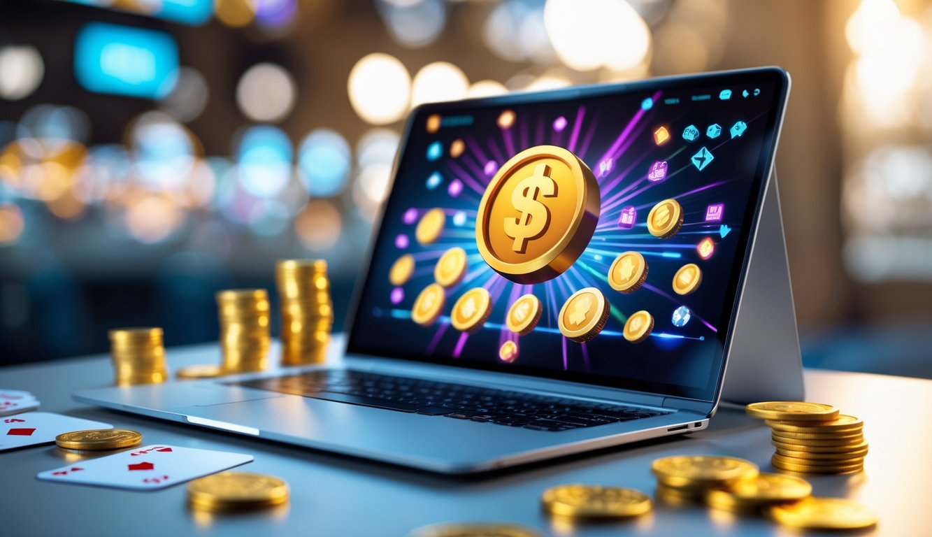 Seorang pengguna sedang bermain game online di komputer dengan simbol kemenangan dan koin di layar.