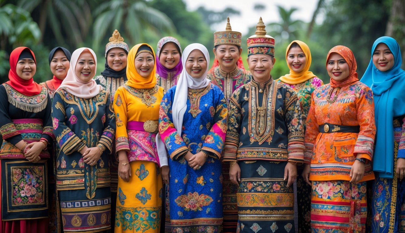 Sekelompok orang mengenakan pakaian adat dari berbagai daerah di Indonesia sedang berdiri bersama di luar ruangan.
