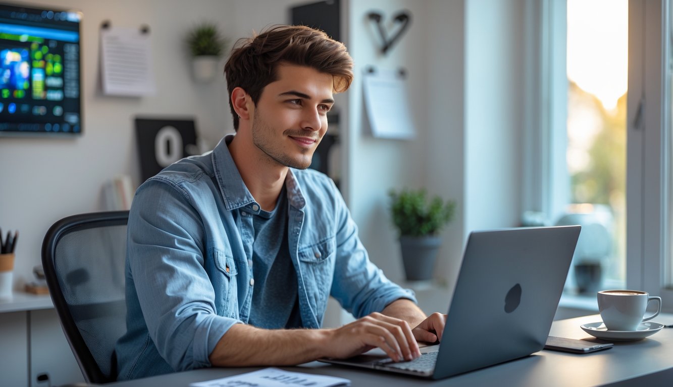 Seorang pria muda duduk di meja dengan laptop di ruang kerja rumah yang terang dan rapi.