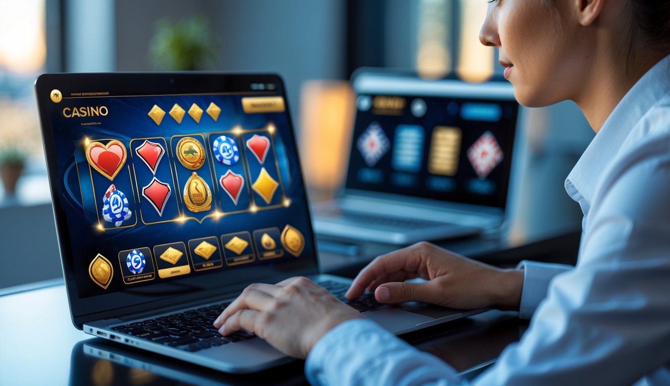 Seseorang menggunakan laptop dengan tampilan permainan kasino online di ruang kerja modern yang terang dan rapi.