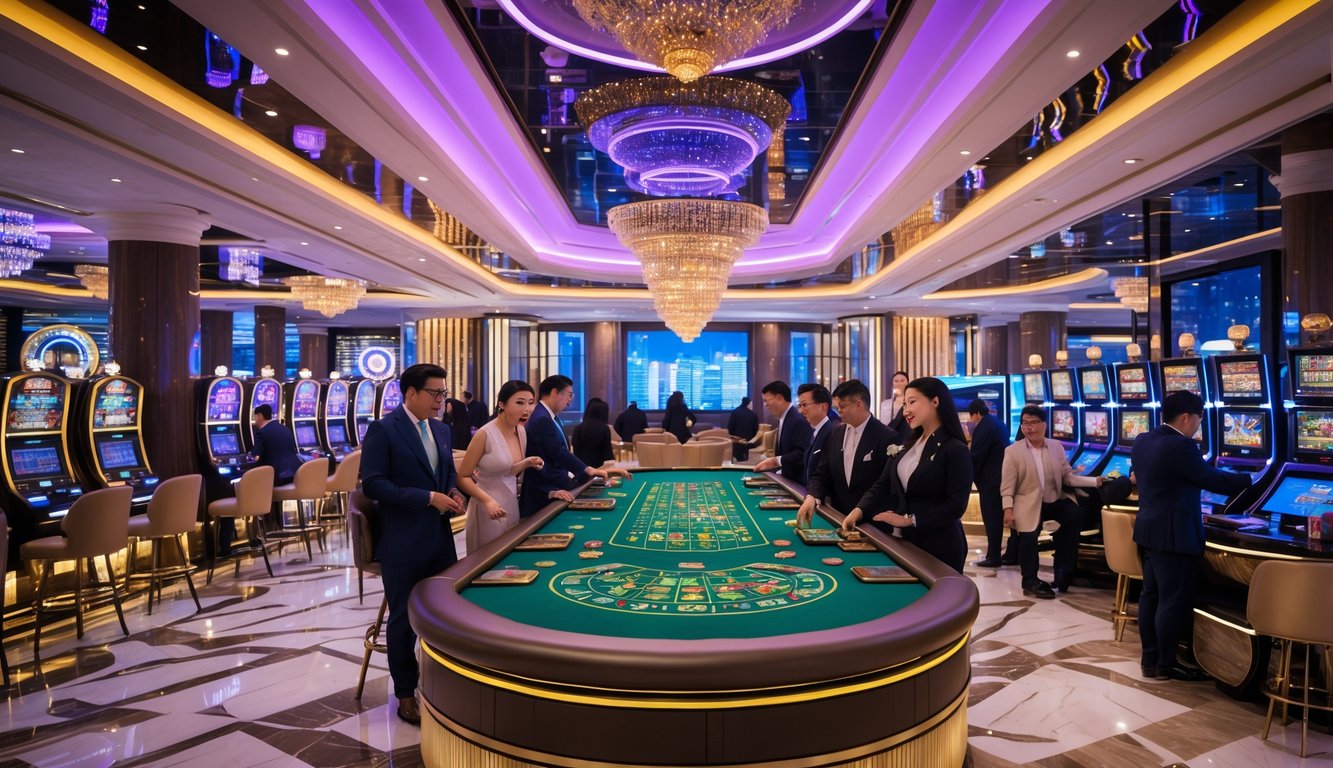 Suasana kasino mewah di Macau dengan pemain yang sedang bermain di meja judi dan mesin slot, latar belakang menampilkan pemandangan kota Macau.