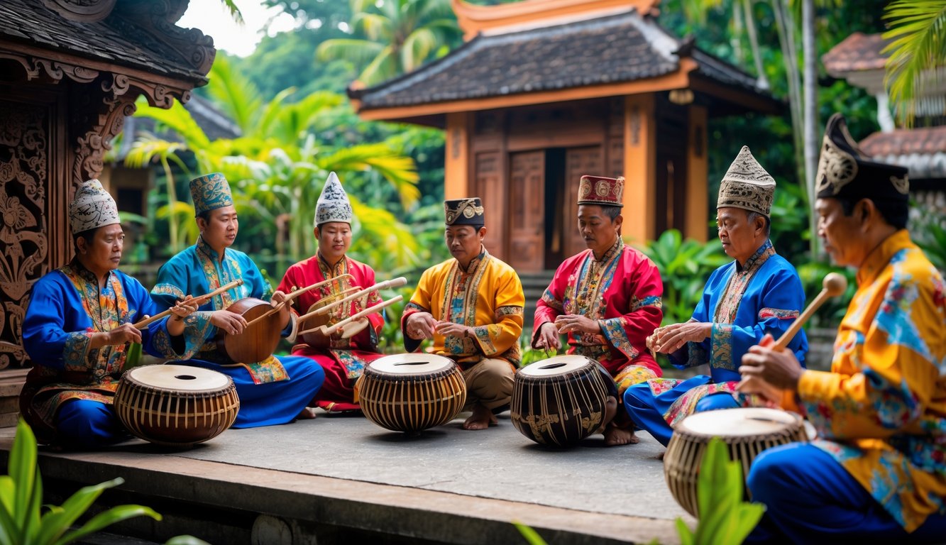 Sekelompok musisi Indonesia mengenakan pakaian tradisional sedang memainkan alat musik tradisional di taman tropis dengan latar arsitektur khas Indonesia.