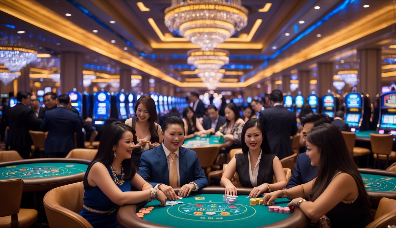 Orang-orang bermain judi di dalam kasino mewah di Macau dengan lampu warna-warni dan suasana ramai.