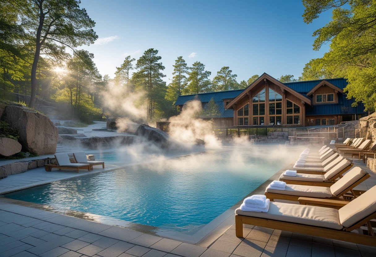 Piscine thermale extérieure entourée de rochers et d'arbres verts avec des chaises longues en bois et une bâtisse en bois en arrière-plan.