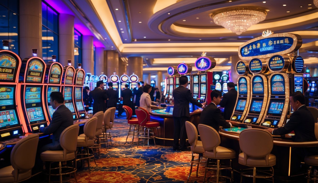Suasana kasino mewah di Macau dengan mesin slot berwarna-warni dan pemain yang sedang bermain di meja kasino.