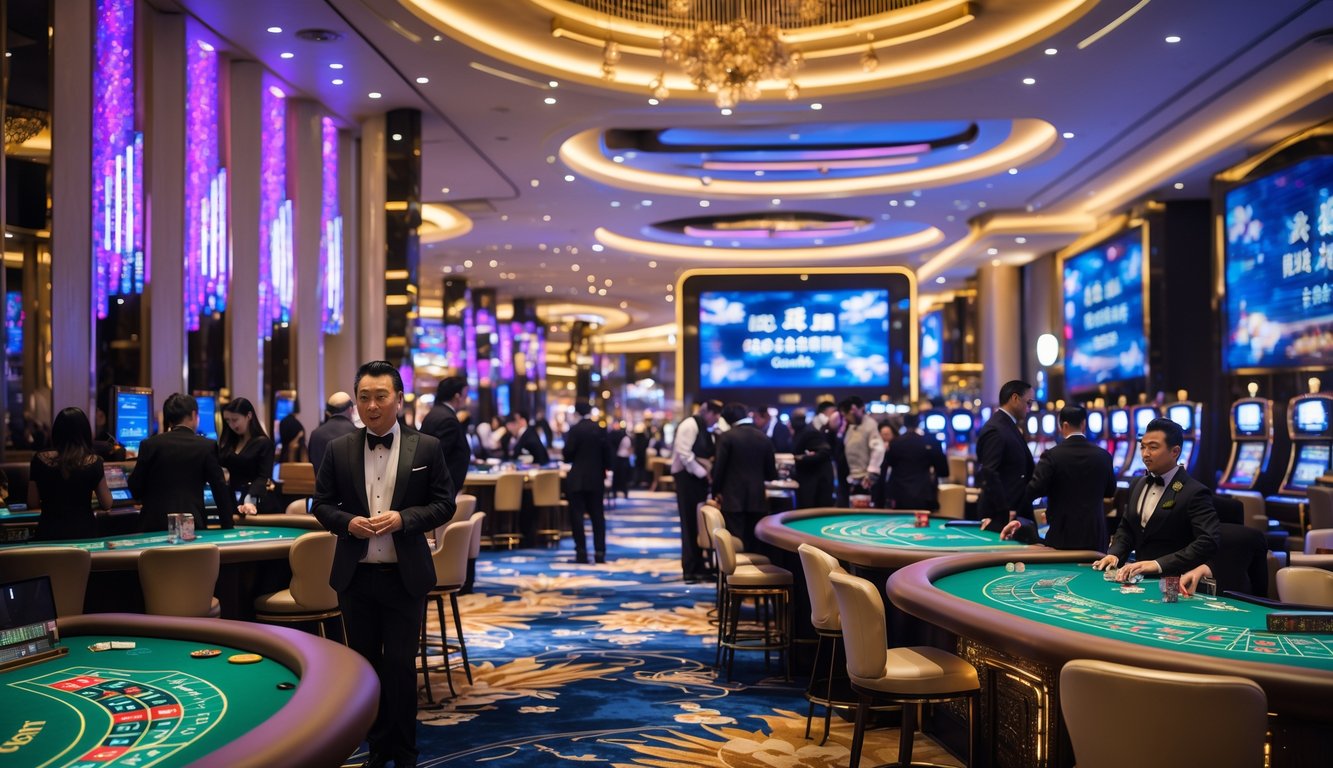 Suasana kasino langsung yang mewah dan ramai di Macau dengan meja permainan dan dealer yang melayani para pemain.