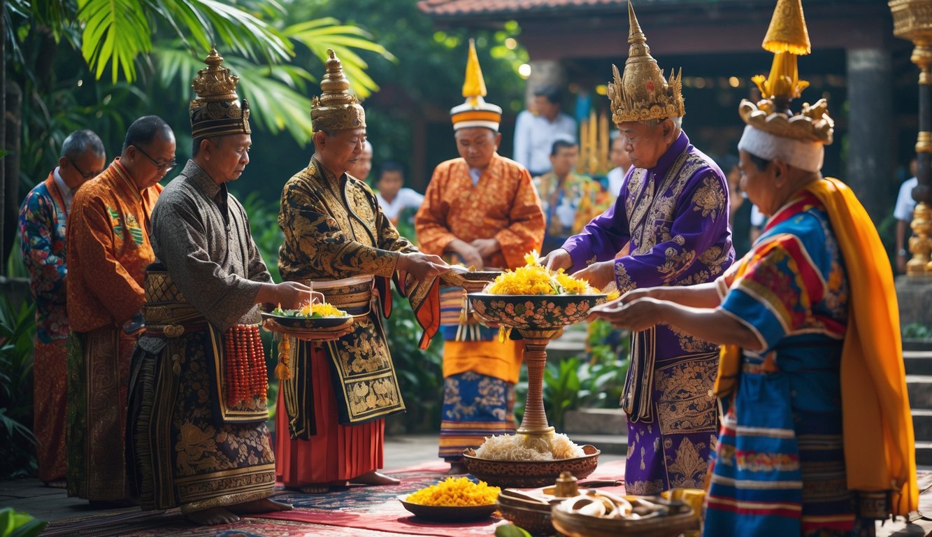 Sejumlah orang mengenakan pakaian adat Indonesia sedang mengikuti upacara tradisional di luar ruangan dengan latar belakang alam dan bangunan tradisional.