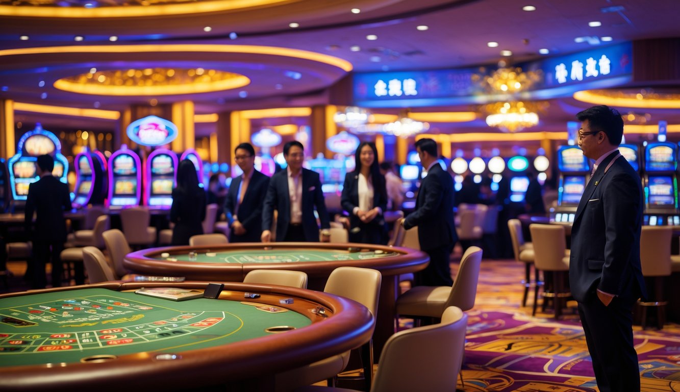 Suasana kasino mewah di Macau dengan pemain yang sedang bermain di meja judi dan mesin slot yang menyala.