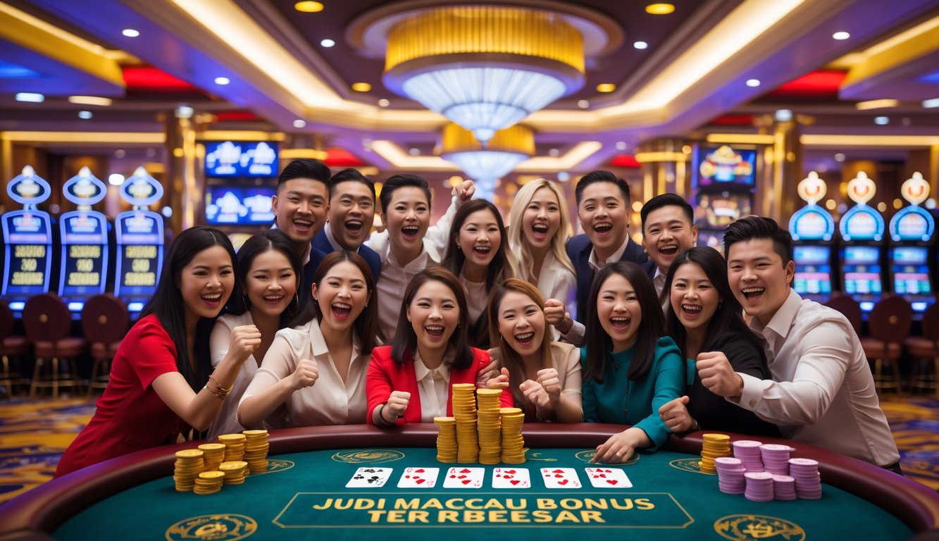 Orang-orang merayakan kemenangan besar di dalam kasino mewah di Macau dengan suasana penuh kegembiraan dan kemewahan.