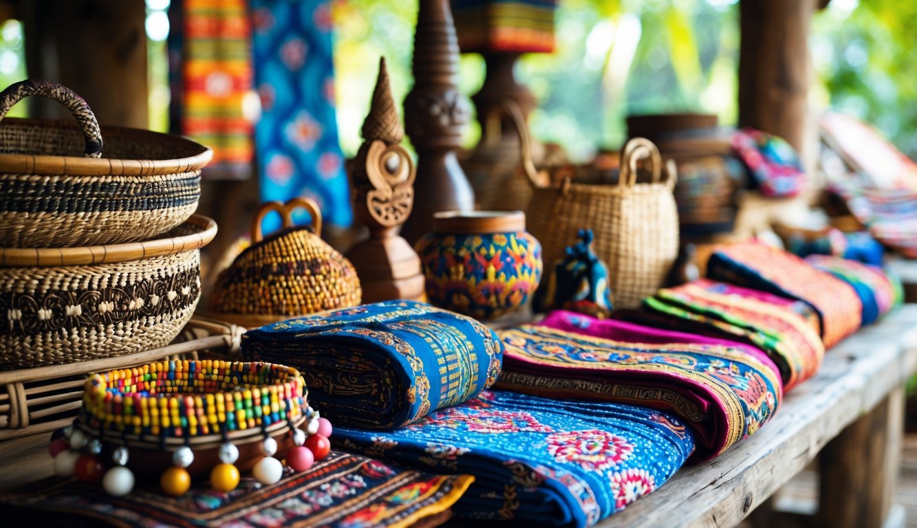 Berbagai kerajinan tangan tradisional daerah Indonesia yang ditata rapi di atas meja kayu.