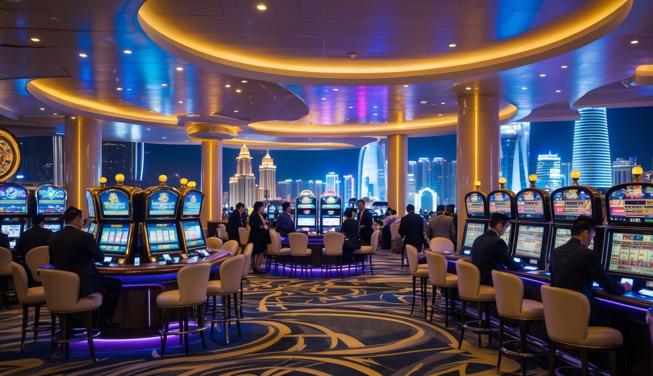 Suasana kasino mewah di Macau dengan meja permainan, mesin slot, dan pemandangan kota yang terang di malam hari.