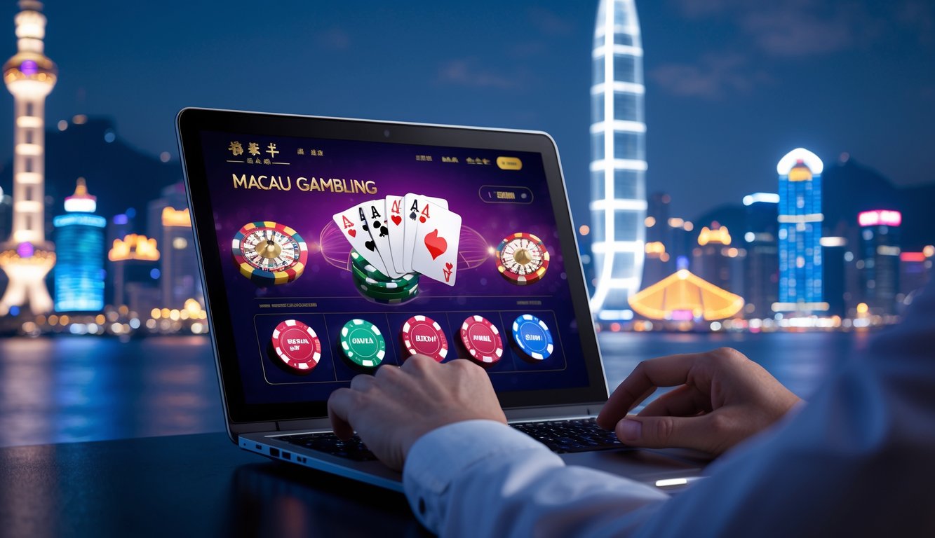 Seseorang menggunakan perangkat digital dengan latar belakang pemandangan kota Macau malam hari yang terang.