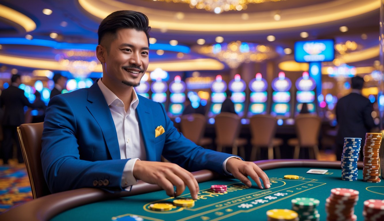 Seorang pemain di meja judi Macau dengan chip dan kartu, dikelilingi lampu casino yang terang dan suasana ramai.