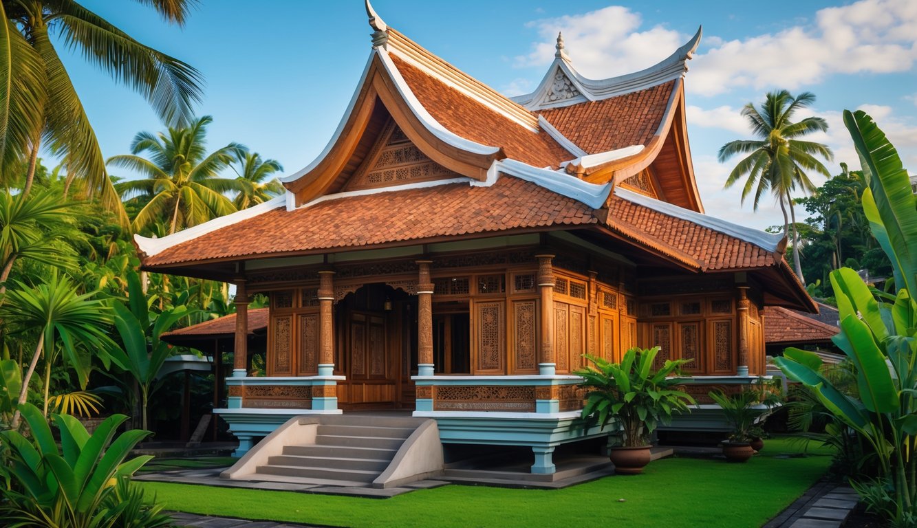 Rumah adat tradisional Indonesia dengan atap tinggi dan ukiran kayu, dikelilingi tanaman tropis dan langit biru.