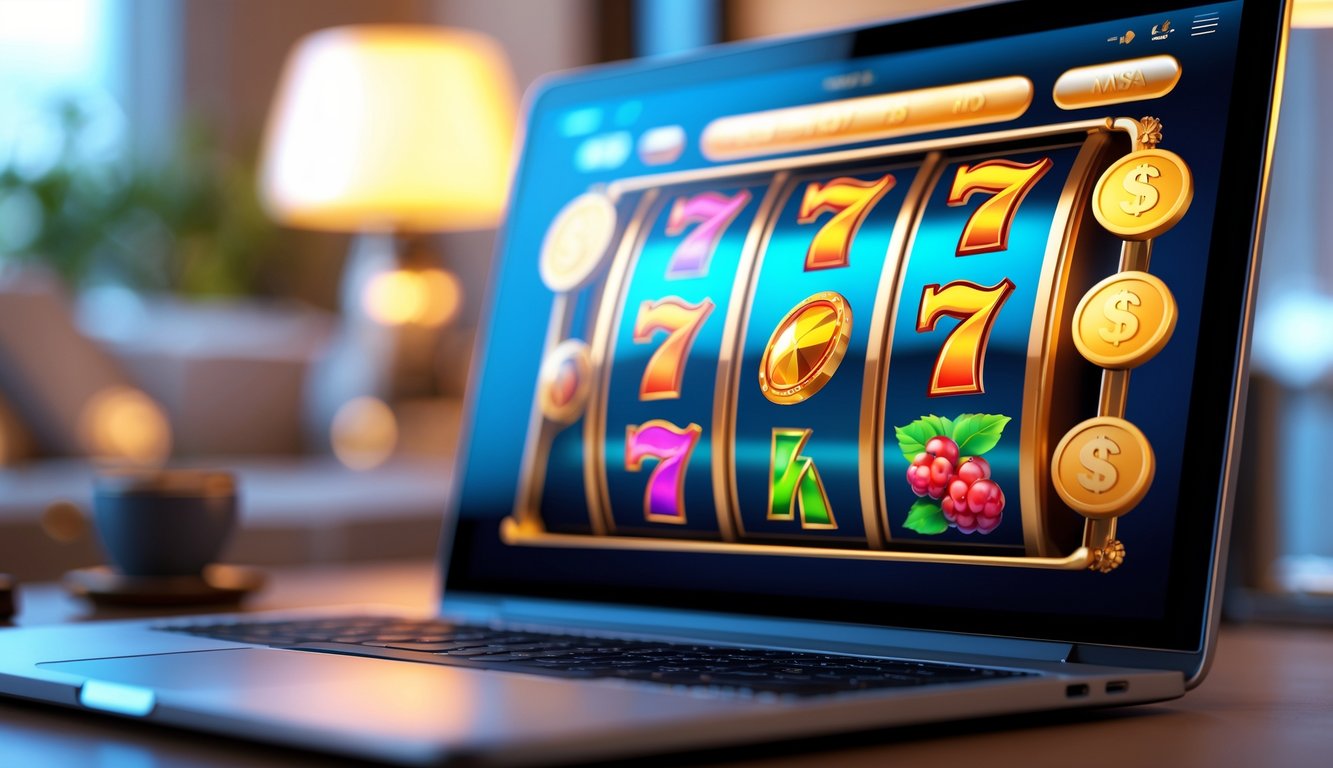 Layar komputer atau ponsel menampilkan permainan mesin slot online dengan simbol berwarna-warni di latar ruangan yang nyaman.
