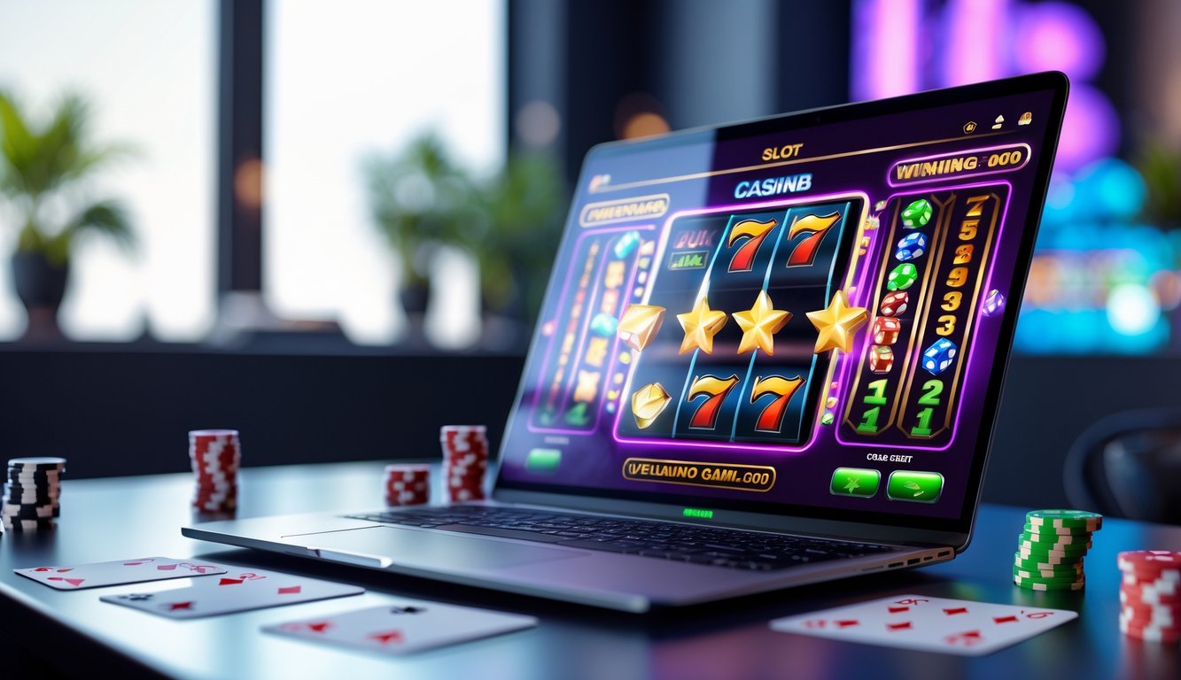 Sebuah meja kerja dengan komputer yang menampilkan permainan mesin slot online yang berwarna-warni dan menarik.