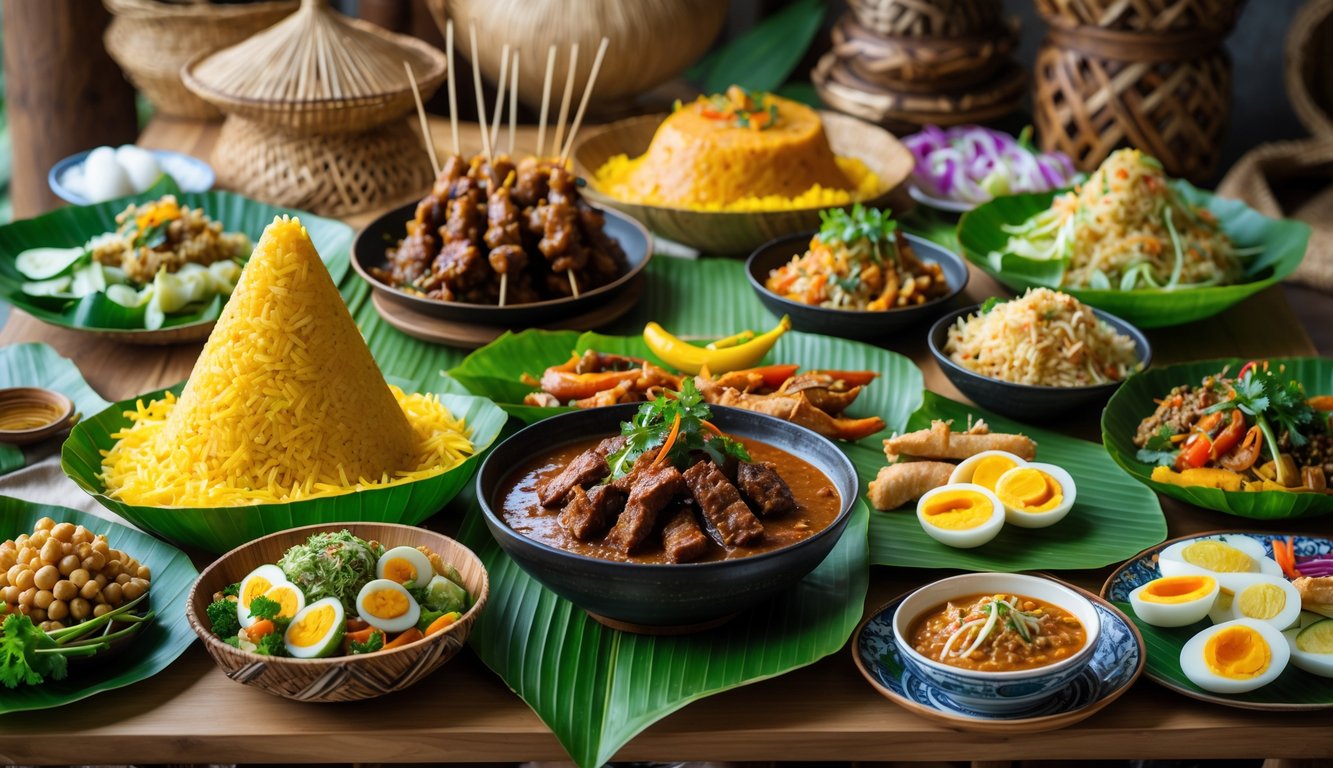 Berbagai makanan tradisional Indonesia seperti nasi tumpeng, rendang, sate, dan gado-gado tersaji di atas meja kayu dengan hiasan daun pisang dan keranjang bambu.