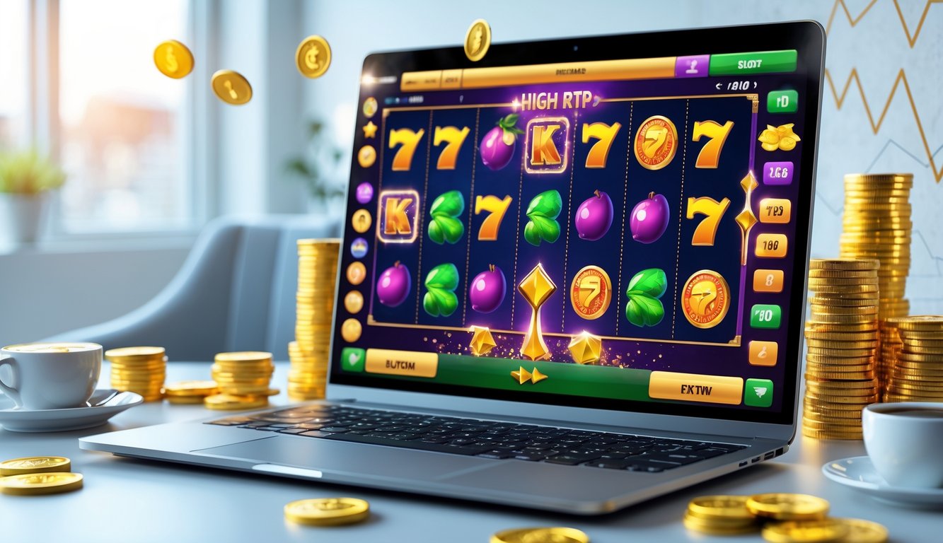 Seorang pengguna duduk di depan komputer dengan permainan slot online berwarna-warni di layar, dikelilingi tumpukan koin emas dan grafik naik di latar belakang.