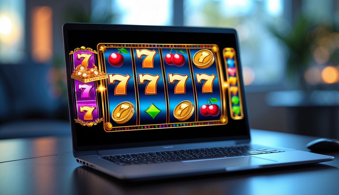 Seorang laptop menampilkan permainan mesin slot berwarna-warni dengan latar belakang ruang kerja yang nyaman.