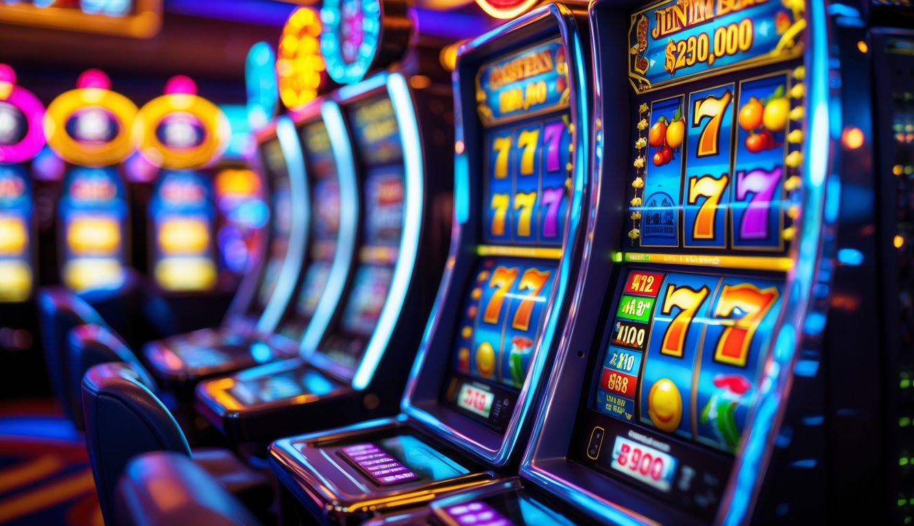 Mesin slot modern dengan lampu warna-warni dan simbol kemenangan yang menyala di dalam kasino.