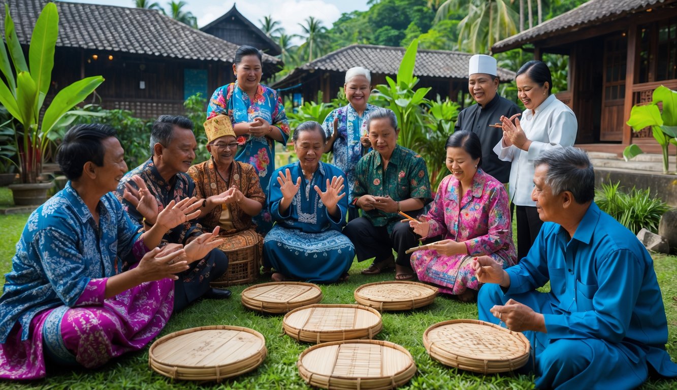 Sekelompok orang Indonesia mengenakan pakaian tradisional dari berbagai daerah sedang berkumpul di lingkungan desa dengan rumah kayu dan tanaman tropis.