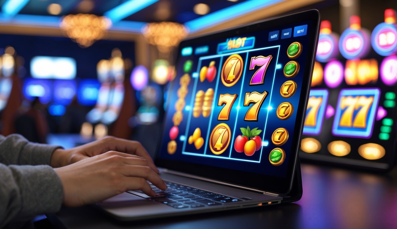 Seseorang sedang bermain permainan slot online di komputer dengan layar penuh simbol permainan yang berwarna-warni.