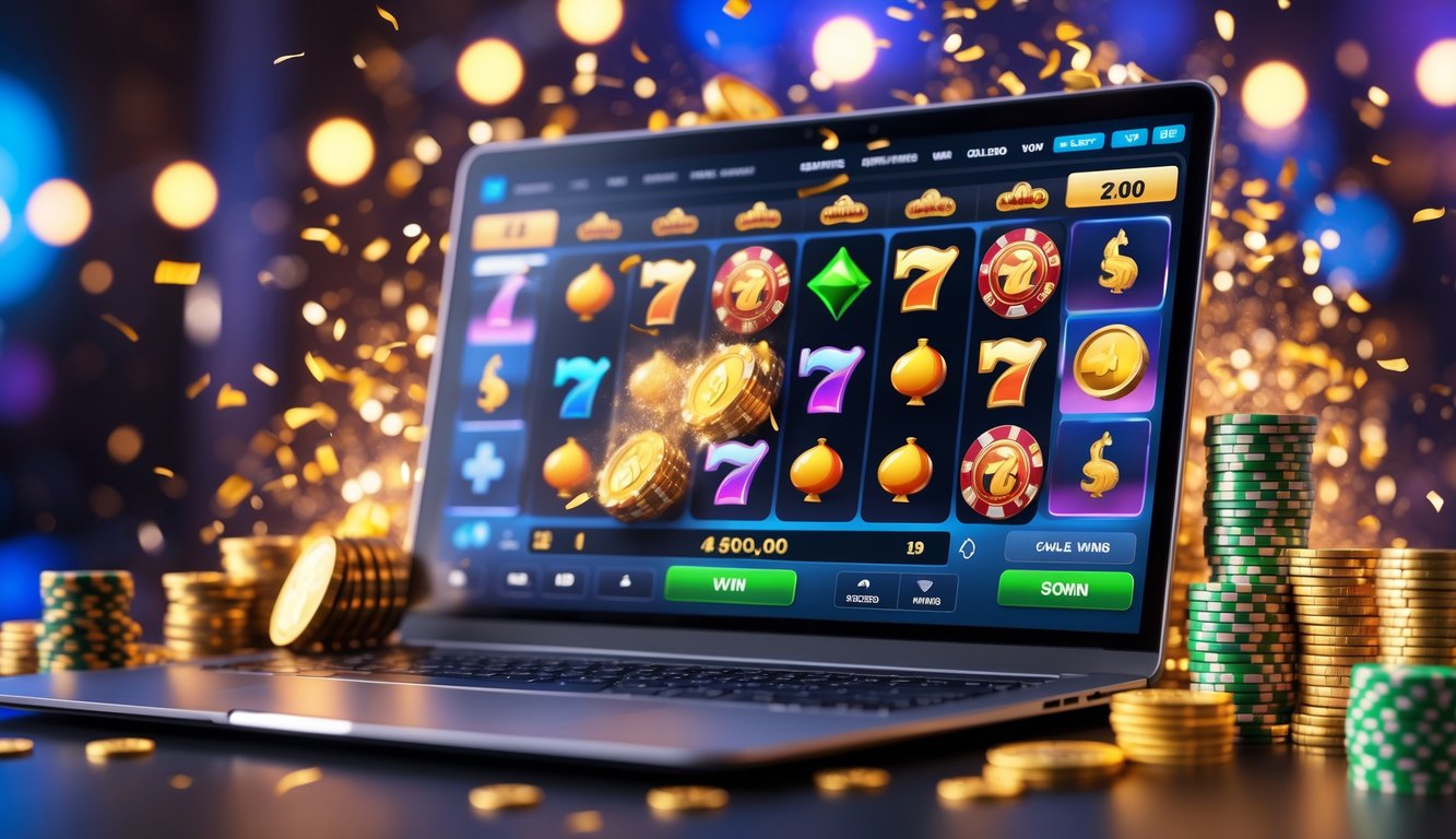 Seseorang sedang bermain mesin slot online di komputer dengan suasana kemenangan besar dan tumpukan chip kasino di sekitar.