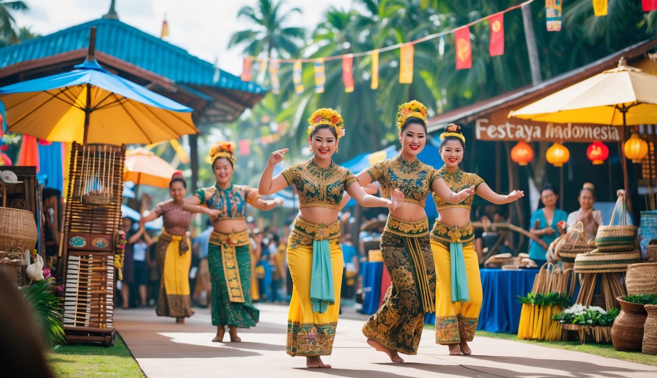 Orang-orang mengenakan pakaian tradisional Indonesia sedang menari dan merayakan festival budaya di luar ruangan dengan dekorasi warna-warni dan kerajinan tangan.