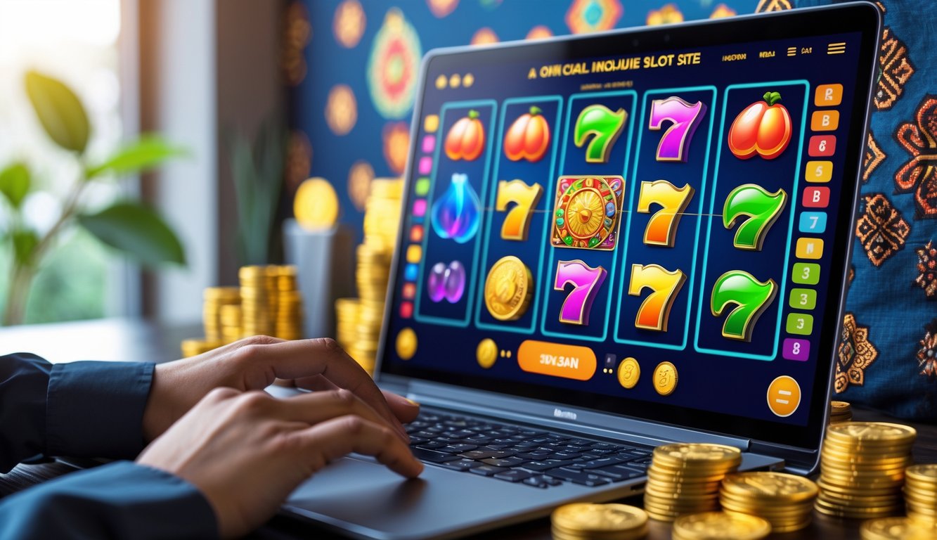 Seseorang sedang bermain mesin slot online di komputer dengan latar belakang motif batik Indonesia.