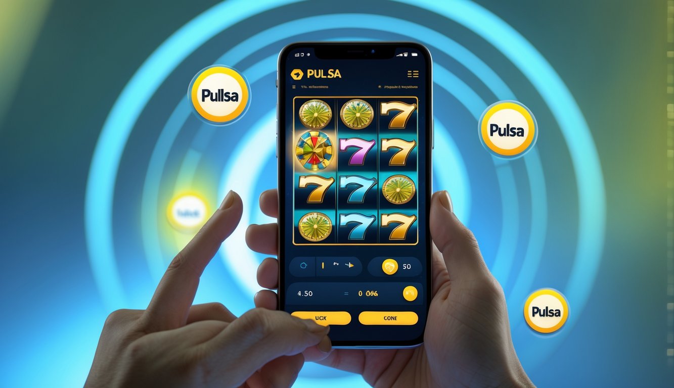 Seseorang menggunakan ponsel untuk bermain slot online dengan latar belakang elemen digital yang mewakili pulsa.