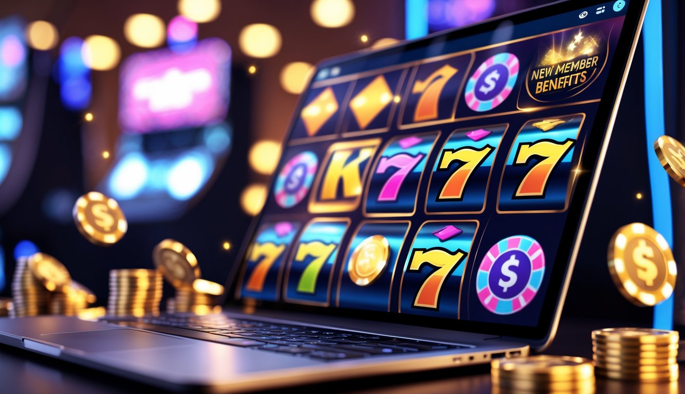 Seorang pengguna sedang bermain mesin slot online di laptop dengan koin dan simbol bonus di sekitar layar.