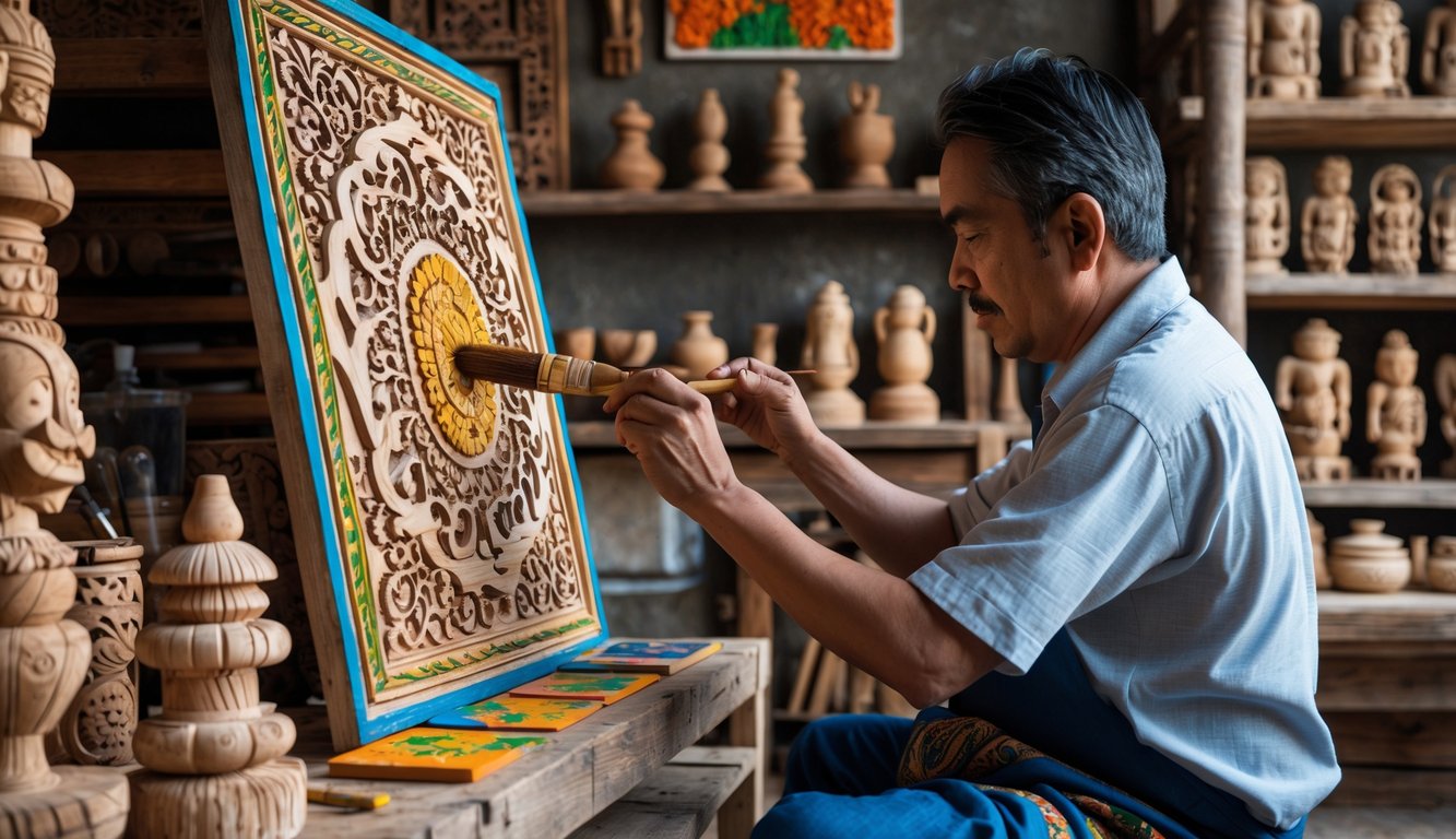 Seorang pengrajin sedang melukis pola rumit pada panel kayu di workshop dengan patung kayu dan alat ukir di sekitarnya.