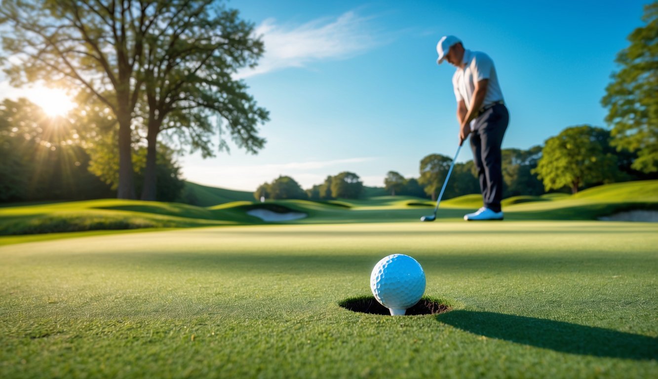 Seorang pemain golf sedang bersiap melakukan pukulan di lapangan golf yang hijau dengan bola golf dekat lubang.