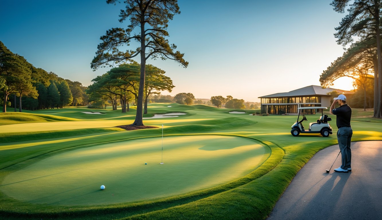 Seorang pegolf sedang bersiap memukul bola di lapangan golf yang hijau dan rapi dengan latar belakang pepohonan dan klub golf.