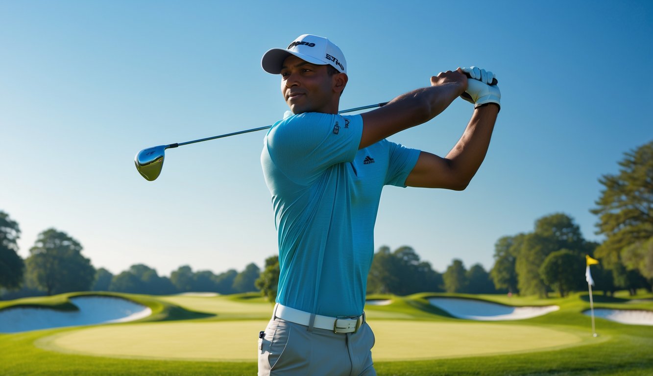 Seorang pegolf pria sedang mengayunkan tongkat golf di lapangan golf yang hijau dan cerah.