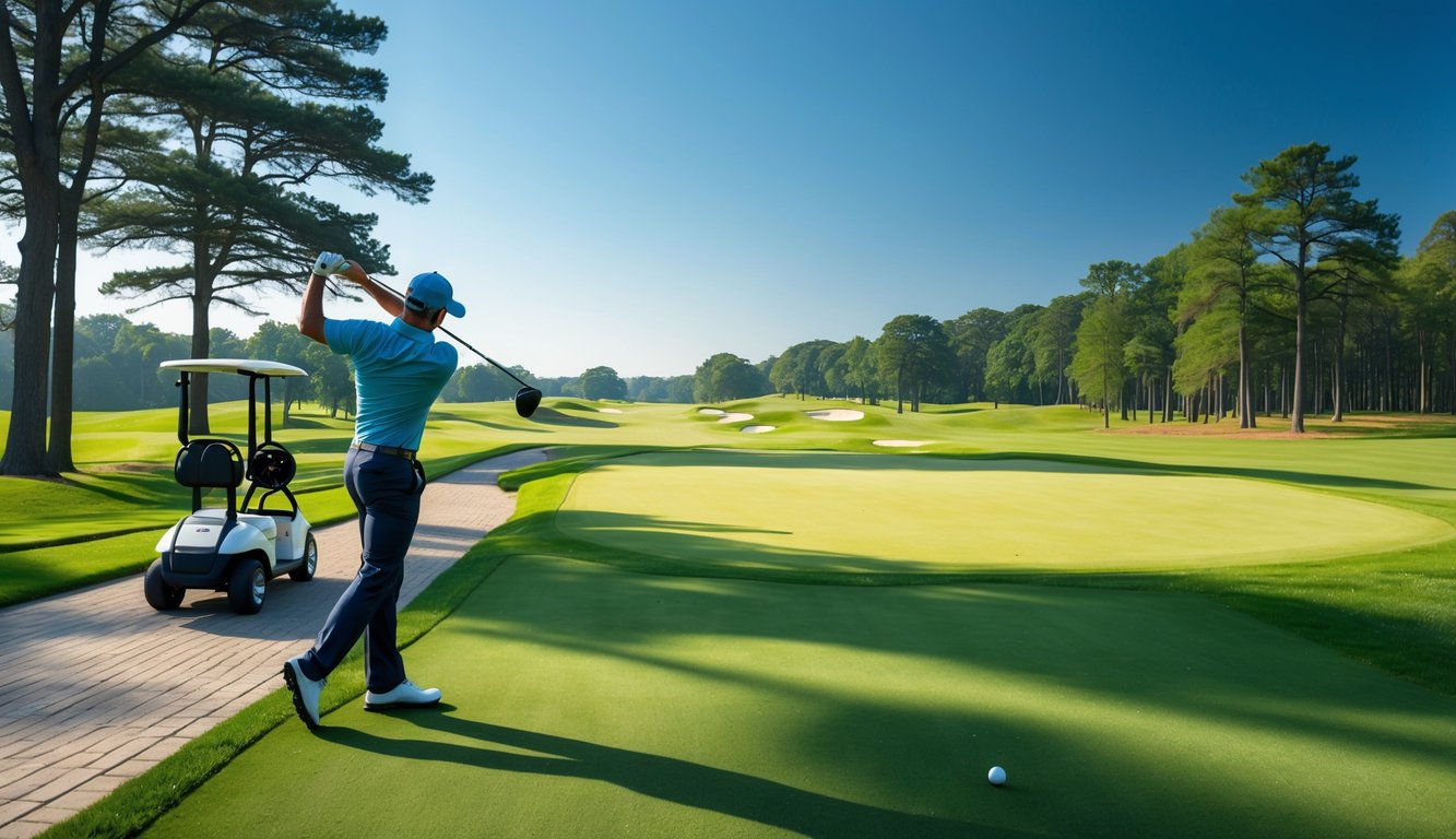 Lapangan golf yang luas dengan seorang pemain golf sedang mengayunkan tongkat golf di bawah langit cerah.