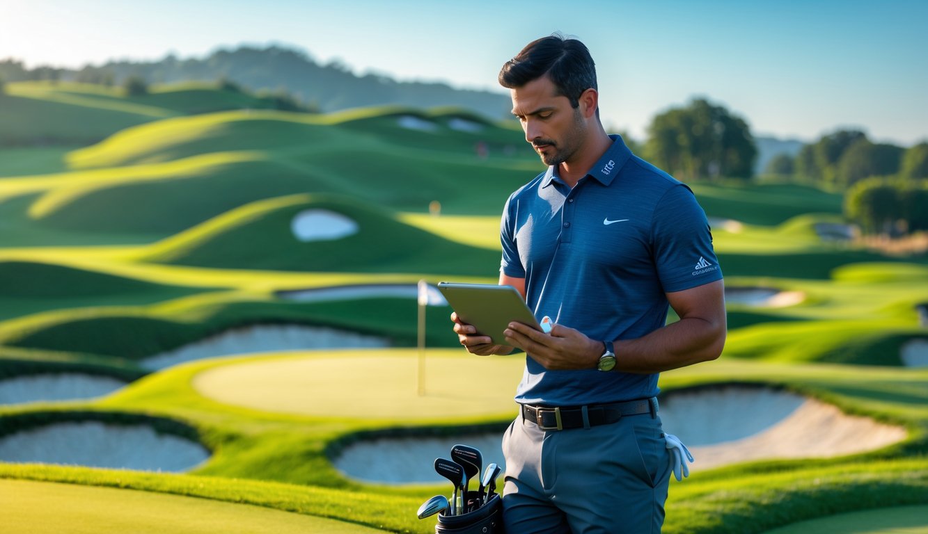 Seorang pegolf pria sedang memeriksa strategi di lapangan golf yang hijau dan luas.