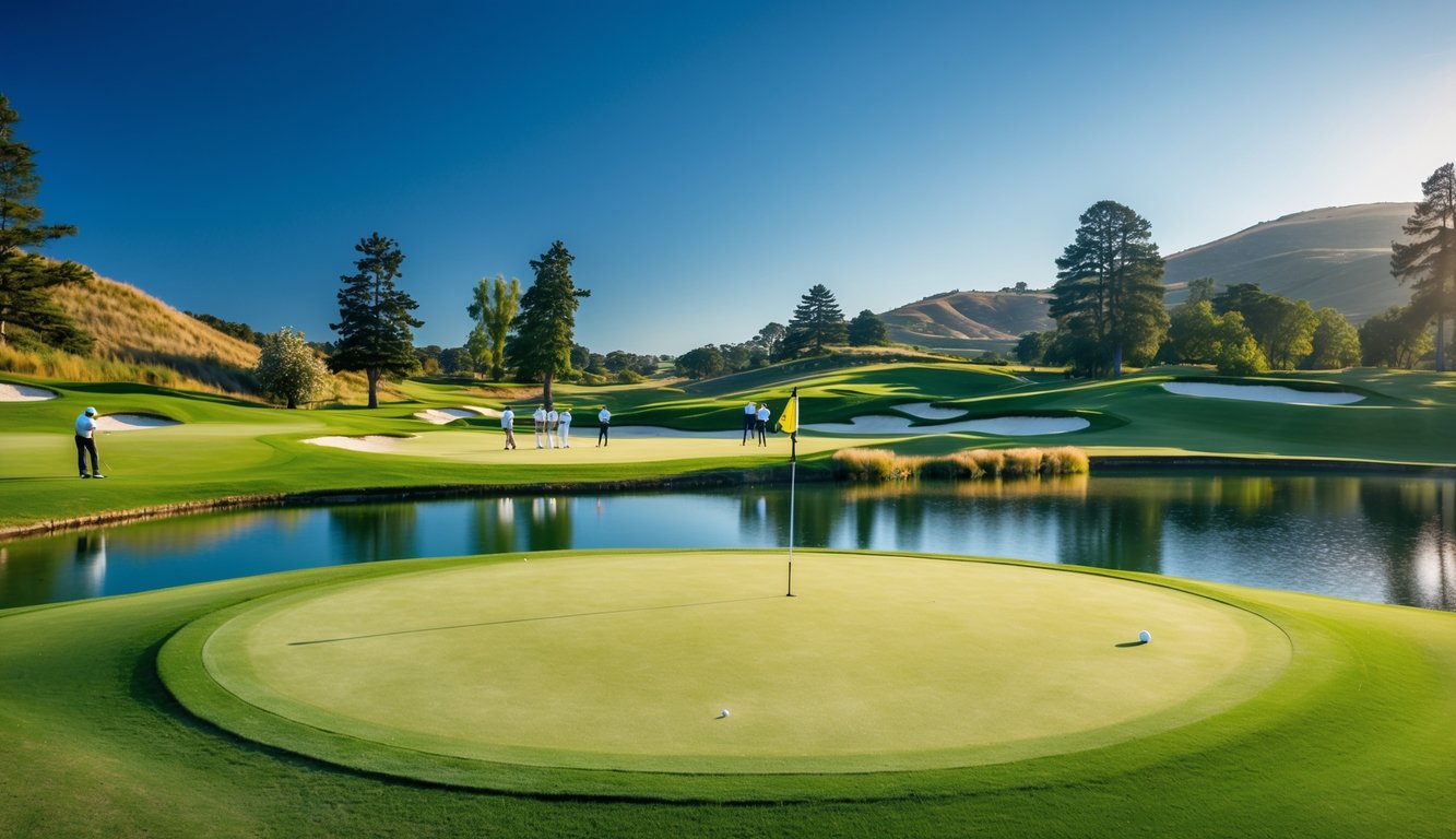 Lapangan golf hijau dengan beberapa pemain golf sedang bermain di bawah langit cerah.