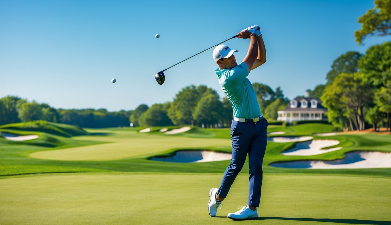 Seorang pegolf pria sedang melakukan ayunan di lapangan golf yang hijau dan cerah dengan latar belakang clubhouse dan langit biru.