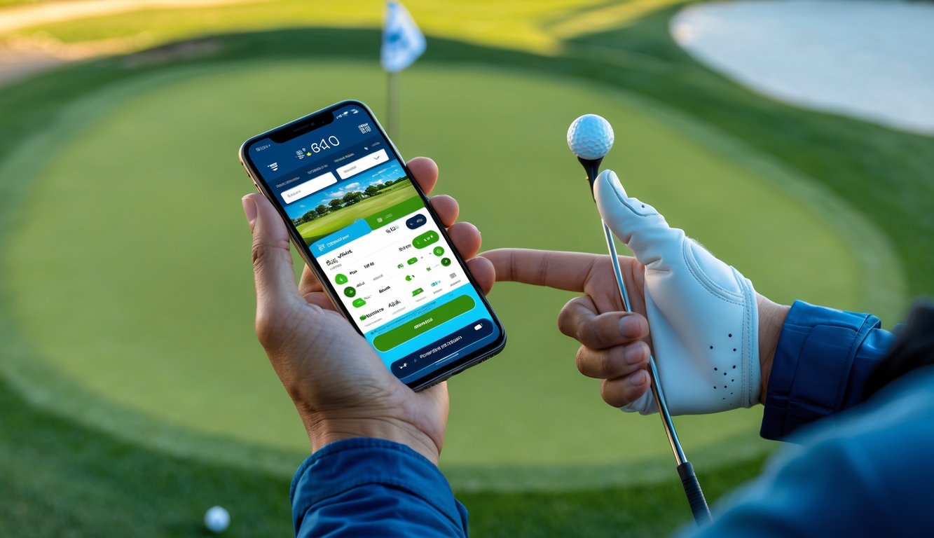 Seseorang memegang ponsel dengan aplikasi taruhan golf, latar belakang lapangan golf hijau dan cerah.