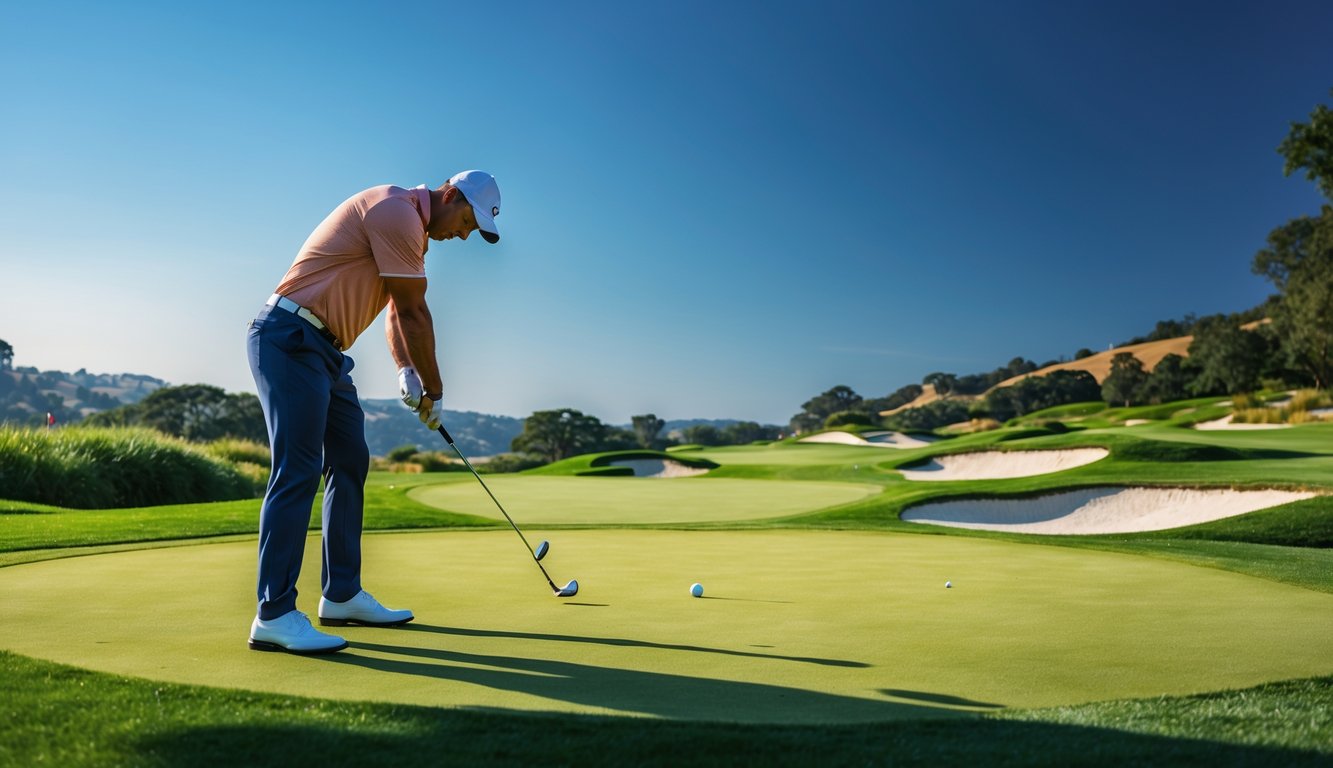 Seorang pemain golf sedang bersiap untuk memukul bola di lapangan golf yang hijau dan cerah.