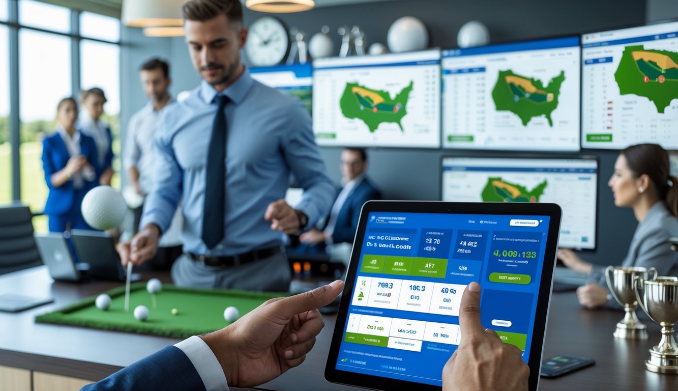 Orang-orang bekerja di kantor modern dengan layar komputer menampilkan data golf dan taruhan, suasana profesional dan terpercaya.
