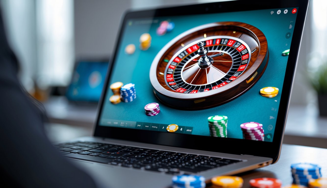 Tampilan layar komputer dengan roda roulette online yang berputar dan chip warna-warni di meja permainan.
