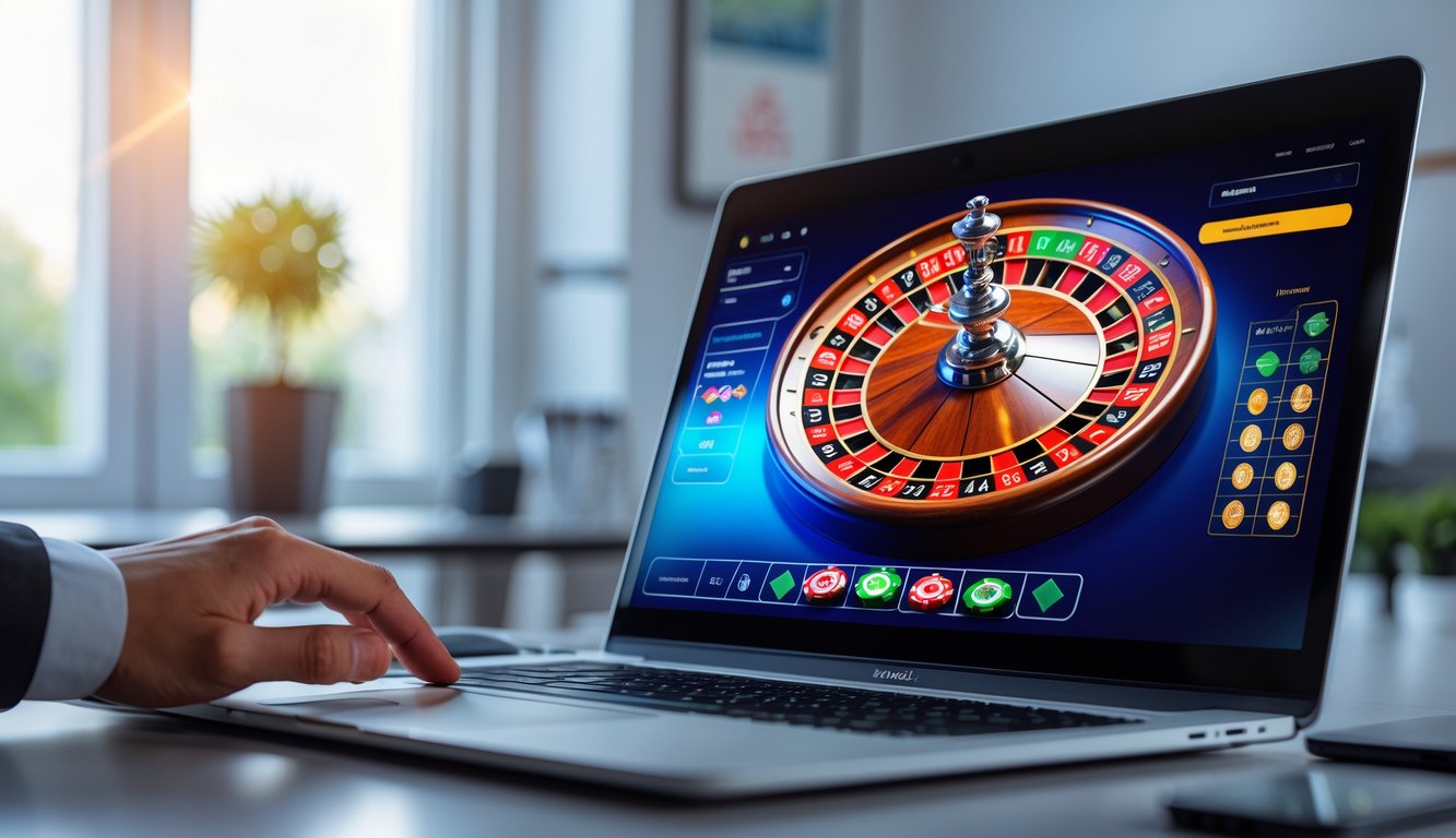 Seseorang bermain roulette online di depan komputer dengan roda roulette berwarna-warni di layar.