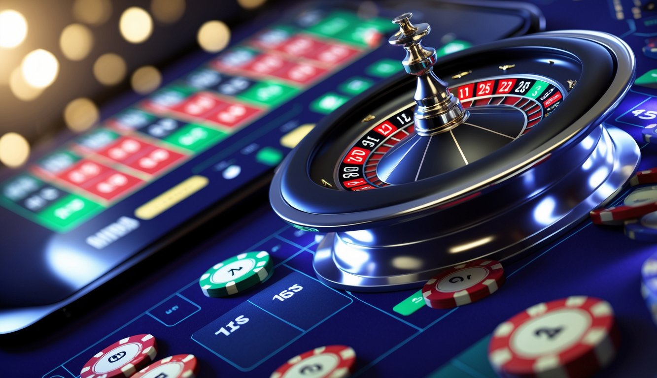 Layar komputer menampilkan permainan roulette kasino online dengan roda roulette dan meja taruhan digital.