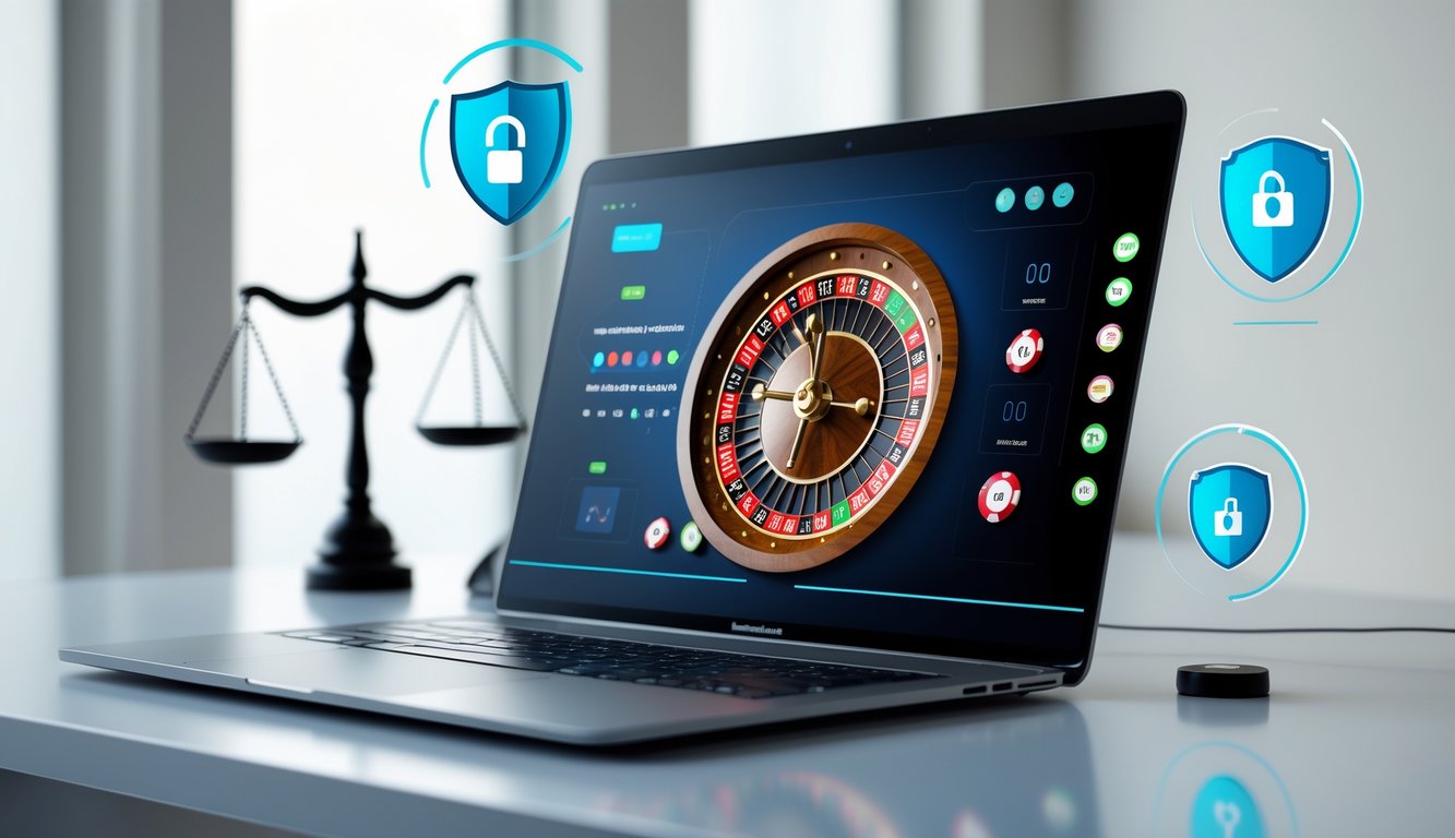 Seorang pengguna bermain roulette online di komputer dengan simbol keamanan dan keadilan di latar belakang.