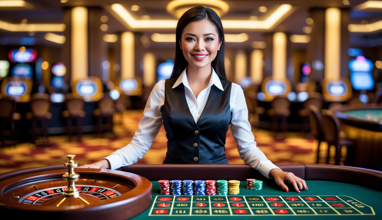 Seorang dealer roulette wanita berdiri di belakang meja roulette dengan roda berputar dan chip warna-warni di kasino yang mewah.